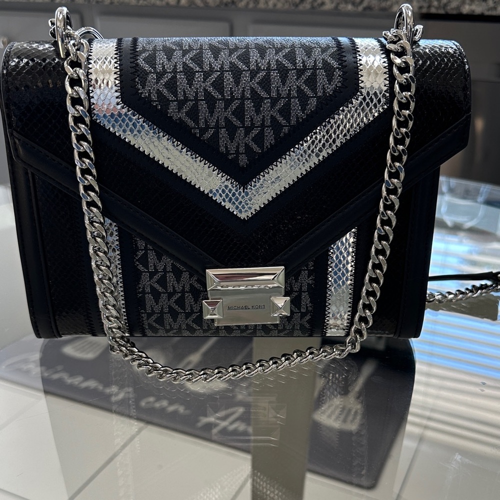 Michael Kors Black & Silver Logo Chain Crossbody Bag